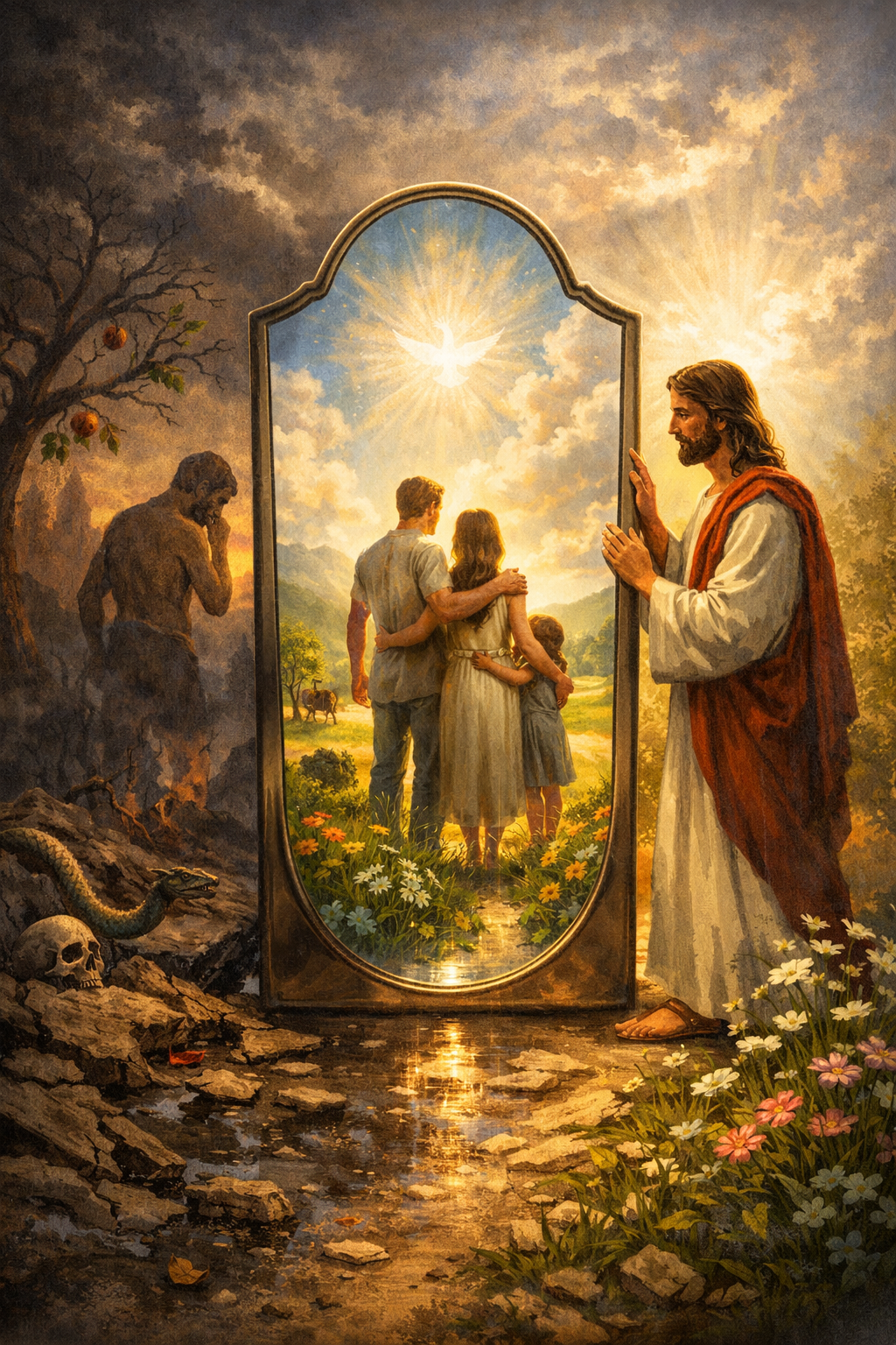 Religious painting depicting Jesus Christ praying at a door, with a scene of a family of four embracing inside a bright, heavenly landscape reflected in the mirror, and a dark, ominous background with a skeleton, serpent, and hooded figure nearby.