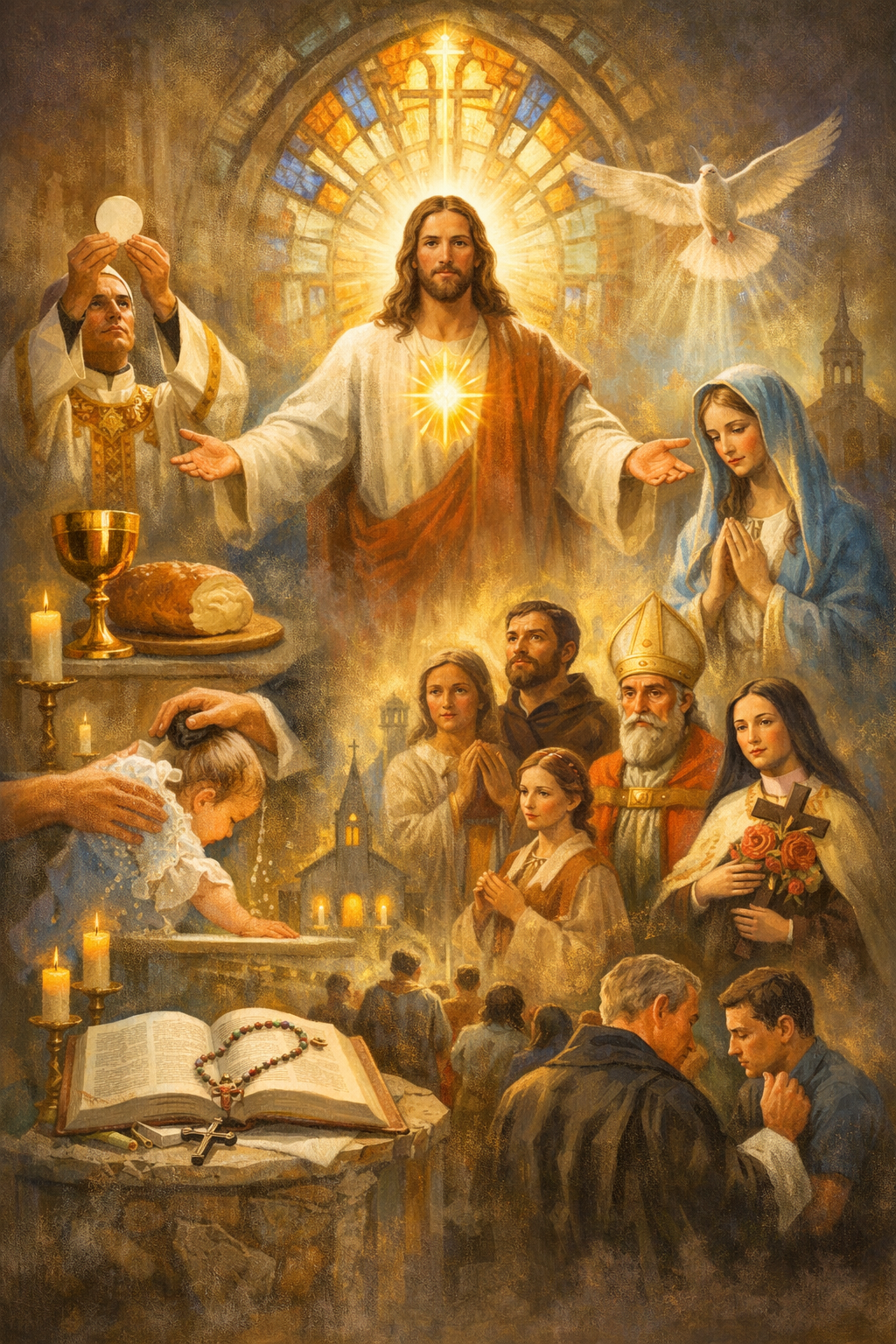 A painting of a religious scene with Jesus Christ in the center, surrounded by praying people. Jesus has a glowing heart and a radiant halo. To his left, a priest holds a Holy Eucharist. To his right, a woman prays with her hands clasped. A dove flies above. In the foreground, a girl is baptized with water poured over her, and an open Bible with rosary beads and a crucifix rests nearby. Candles illuminate the scene, with a church in the background and worshipers praying.