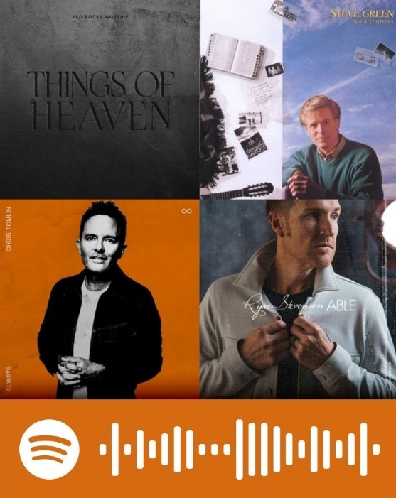 A collage of four different album covers with a Spotify code at the bottom. Top left: "Things of Heaven" album cover with dark background. Top right: An album featuring a young man with blonde hair and an open book and guitar in front of a partly cloudy sky. Bottom left: Chris Tomlin's album "Always" with an orange background and a black-and-white photo of Chris Tomlin. Bottom right: Ryan Stevenson’s "Able" album with a photo of Ryan Stevenson in a white jacket, looking to the side.