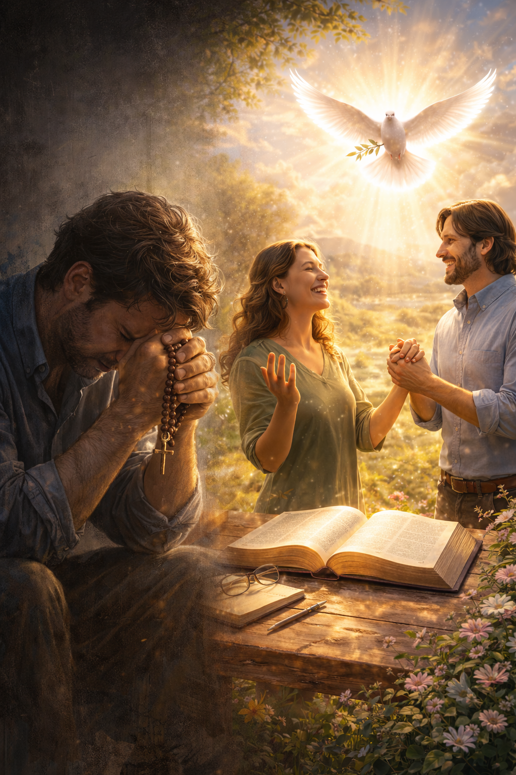 A religious scene with a praying man holding rosary beads with a cross, a woman in the center smiling, and a man on the right holding her hands, with a dove emitting bright light in the sky above them, surrounded by a natural landscape as the sun sets.