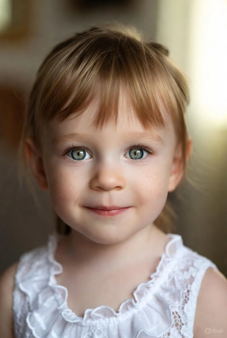 A young girl with green eyes and light brown hair smiling, wearing a white lace top.