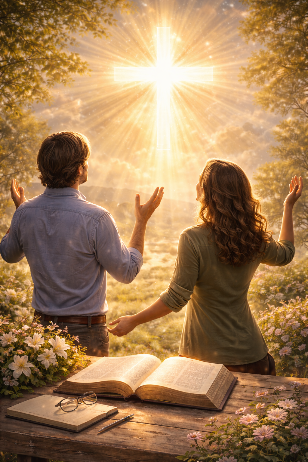 A man and woman standing outdoors amidst flowers and trees at sunset, facing a glowing cross in the sky, with open books and eyeglasses on a wooden table in front of them.