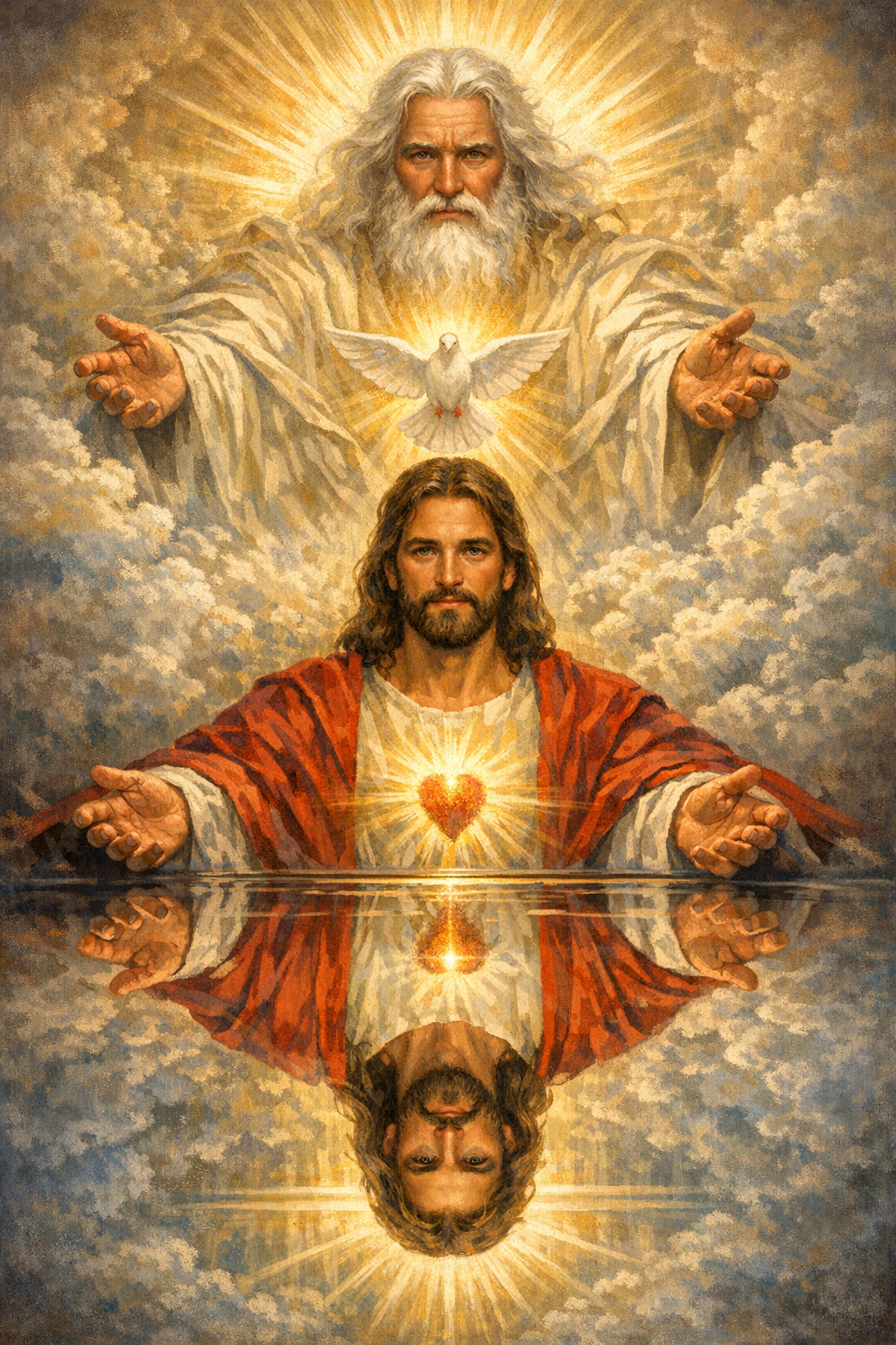 Painting of Jesus Christ with outstretched arms, a radiant heart on his chest, and a background of clouds and light, with a divine figure above him featuring a beard, long hair, and a dove at his chest, emanating rays of light.