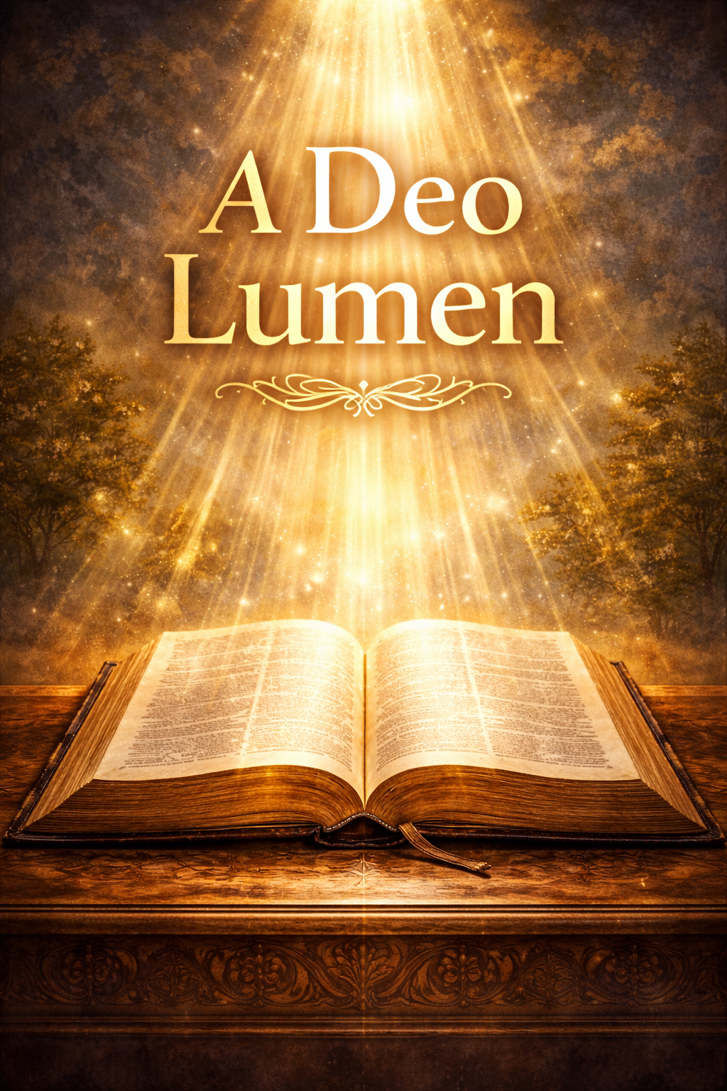 A glowing, radiant beam of light shines down on an open Bible sitting on a wooden table, with the text 'A Deo Lumen' above it and decorative design, surrounded by trees and stars in the background.