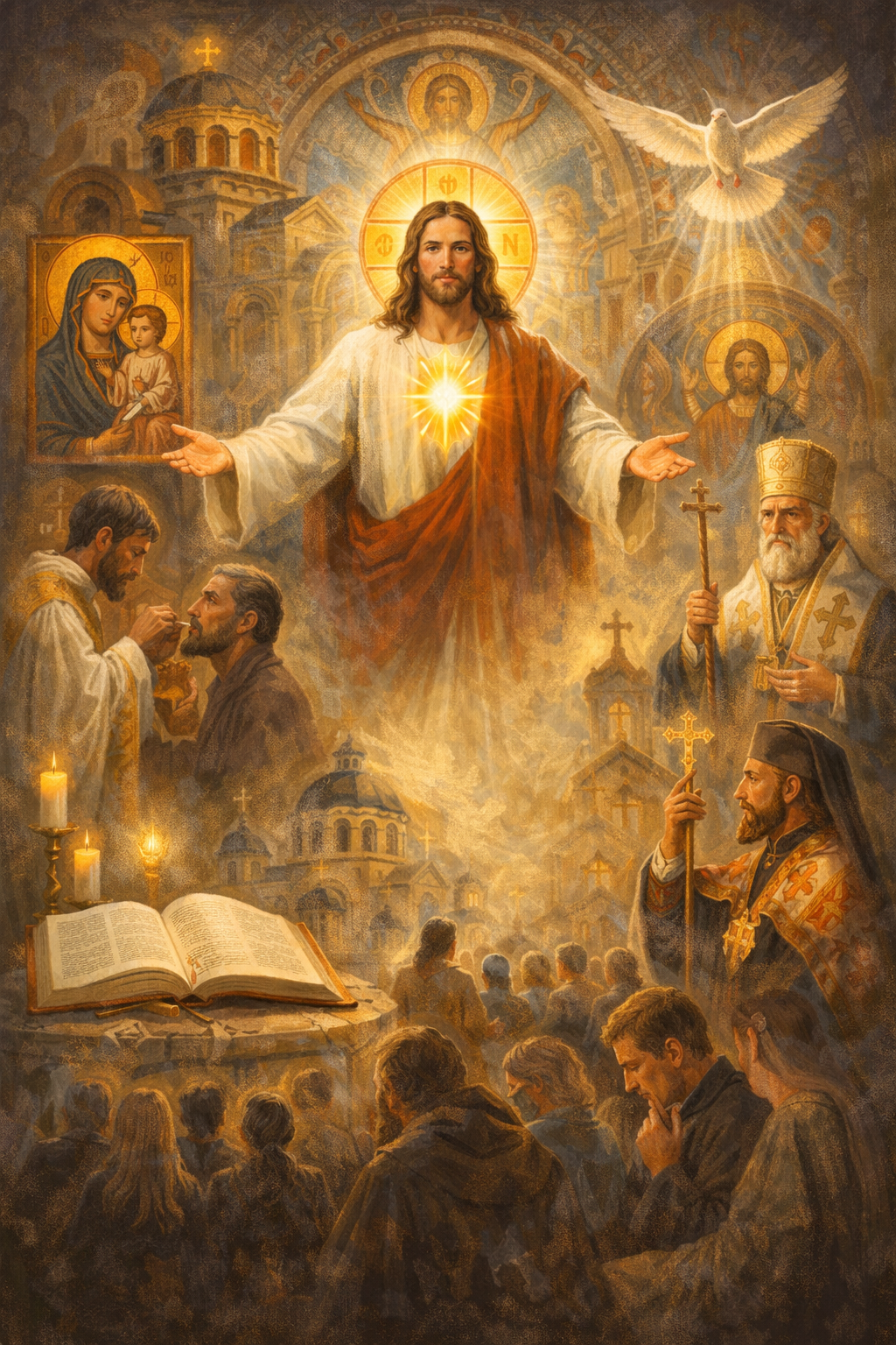 Religious artwork depicting Jesus Christ in the center with an illuminated heart on his chest, surrounded by saints, clergy, and worshippers in a church setting.