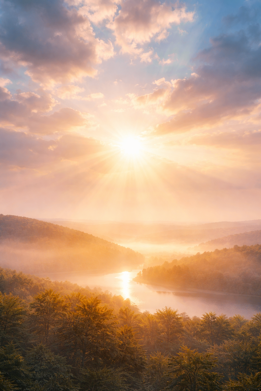 Sun rising over a river valley with misty hills and a sky filled with clouds.