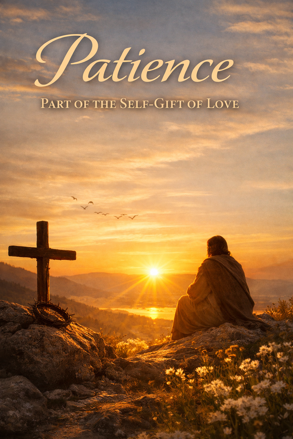 A person sitting on rocks during sunset, looking at the horizon. There is a wooden cross and a crown of thorns on the rocks, with flowers in the foreground. The sky is filled with clouds and flying birds.