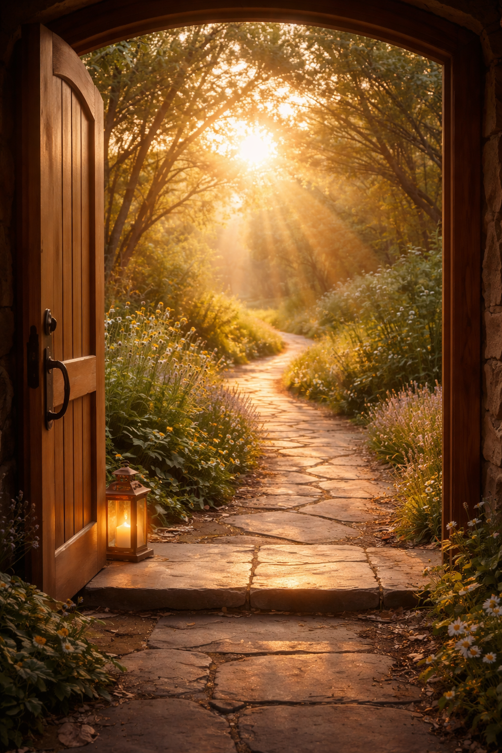 Open wooden door revealing a stone pathway winding through a lush garden with blooming flowers, bathed in warm golden sunlight.