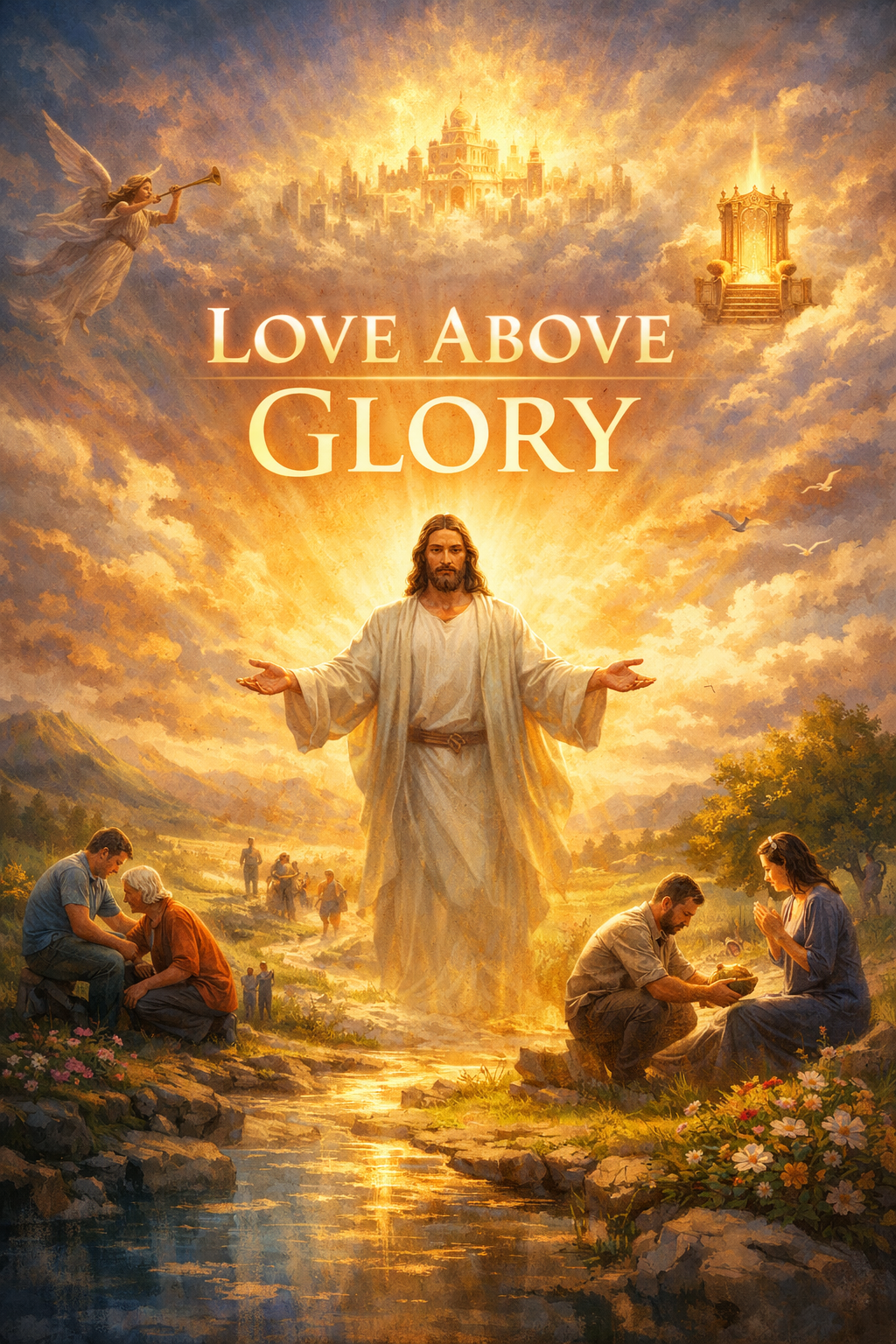 Religious artwork with Jesus Christ standing in the center, glowing with radiant light, surrounded by clouds and heavenly elements. Below him are people praying, receiving communion, and engaging in worship. A majestic city is depicted in the sky, with angels and a throne to the right. The text reads 'Love Above Glory'.