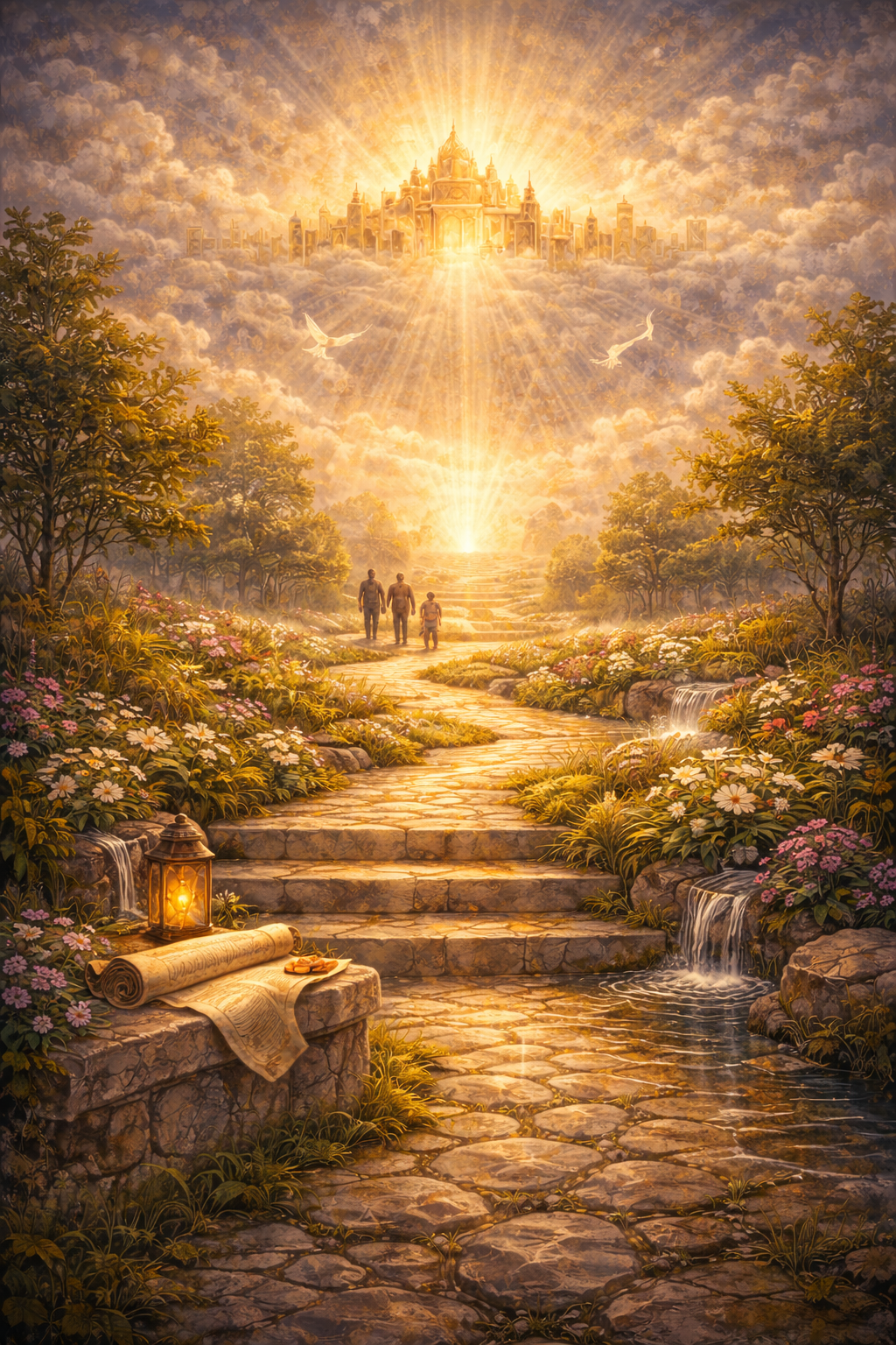 A pathway leading towards a golden palace in the sky, surrounded by clouds, with three figures walking on the path. The scene is illuminated by sunlight with birds flying in the sky and a serene garden with flowers, trees, and small waterfalls in the foreground.
