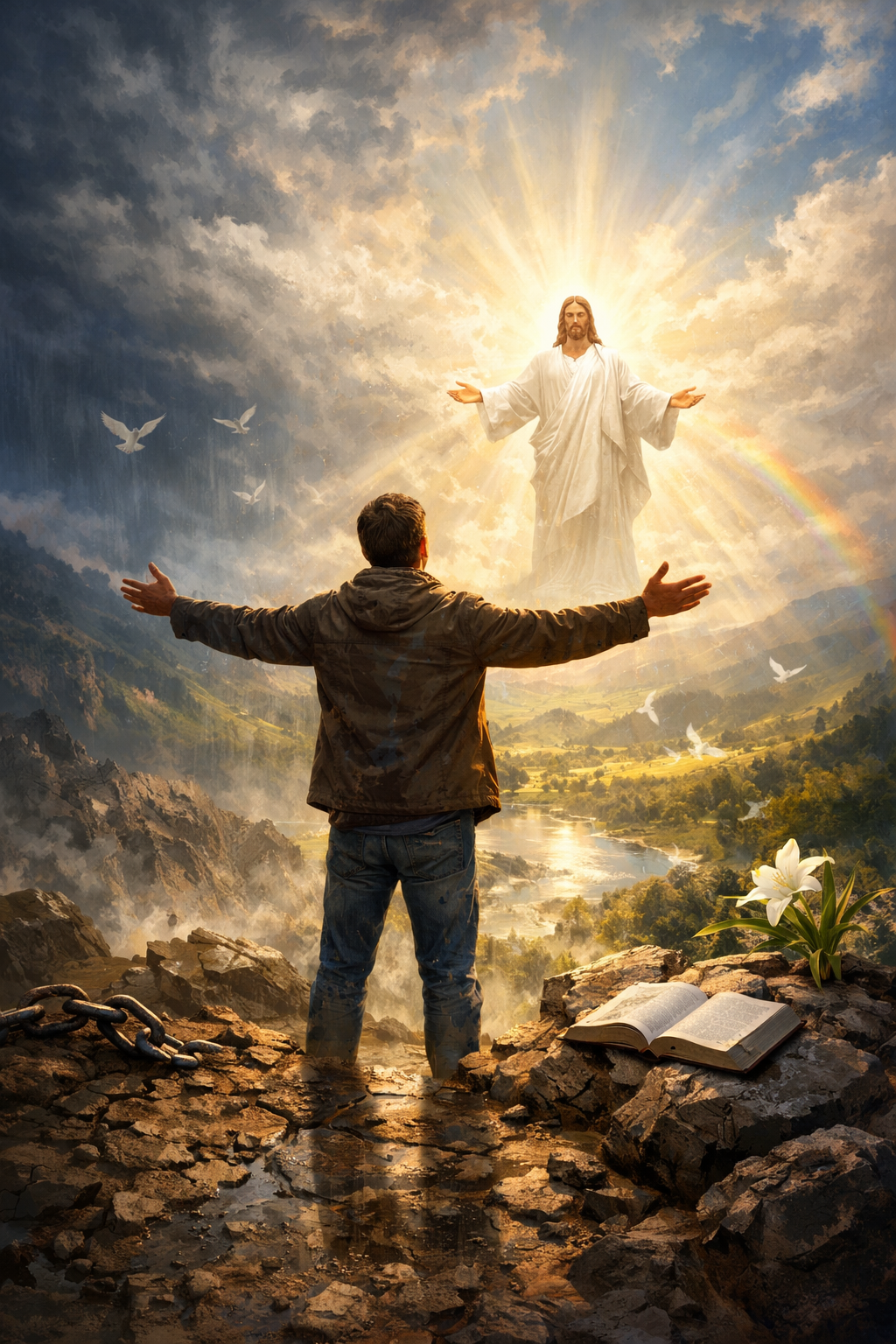 A man standing on rocky terrain with arms outstretched facing a radiant figure of Jesus Christ in the sky, surrounded by clouds, with open Bible and white lily flowers nearby.