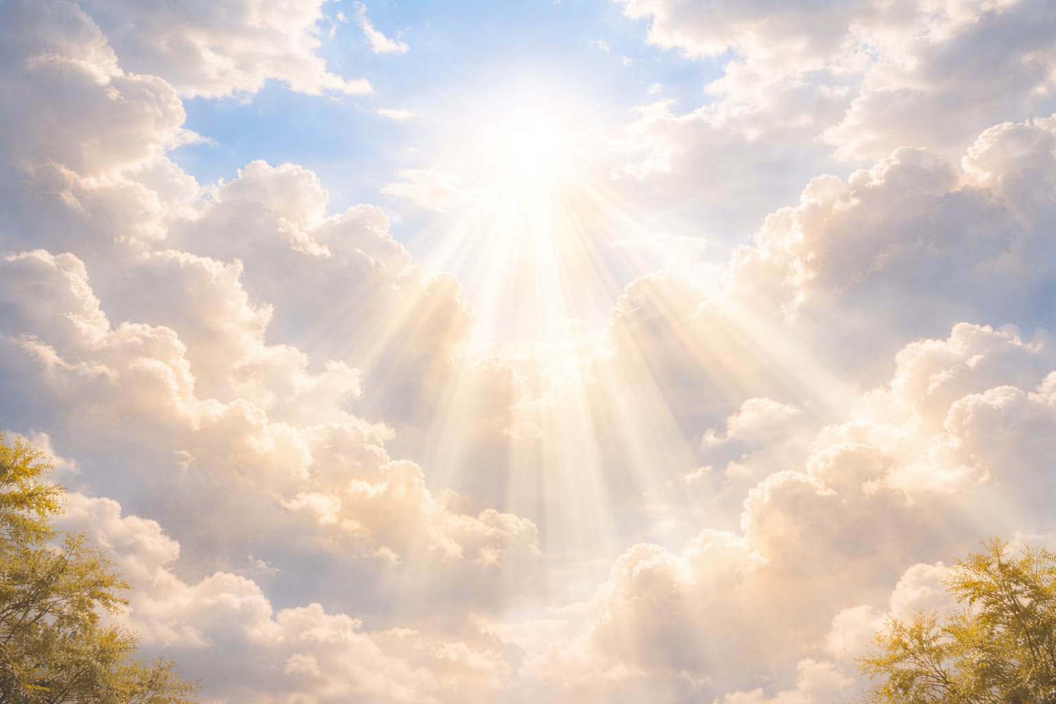 Bright sun shining through a partly cloudy sky, with tree tops visible at the bottom.