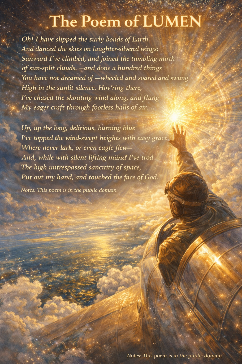 A person in a space suit reaching out with a hand towards a bright, glowing star in the sky, surrounded by clouds and stars in a cosmic scene.