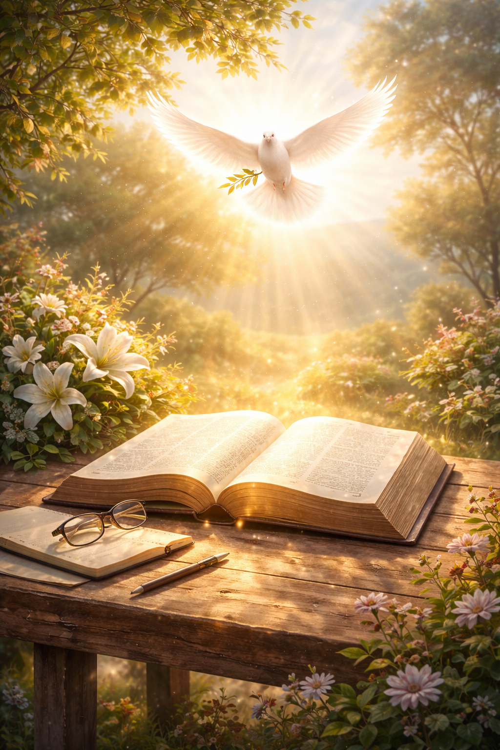 A glowing white dove flying above an open Bible on a wooden table, surrounded by flowers with a bright sun in the sky