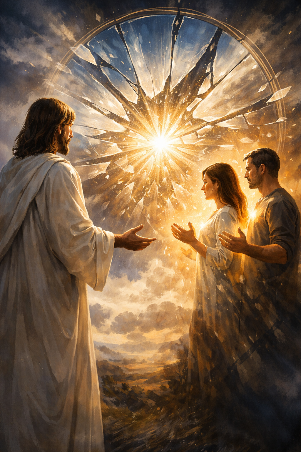 Painting of Jesus Christ appearing to three people, with a broken clock in the background emitting bright light and broken shards.