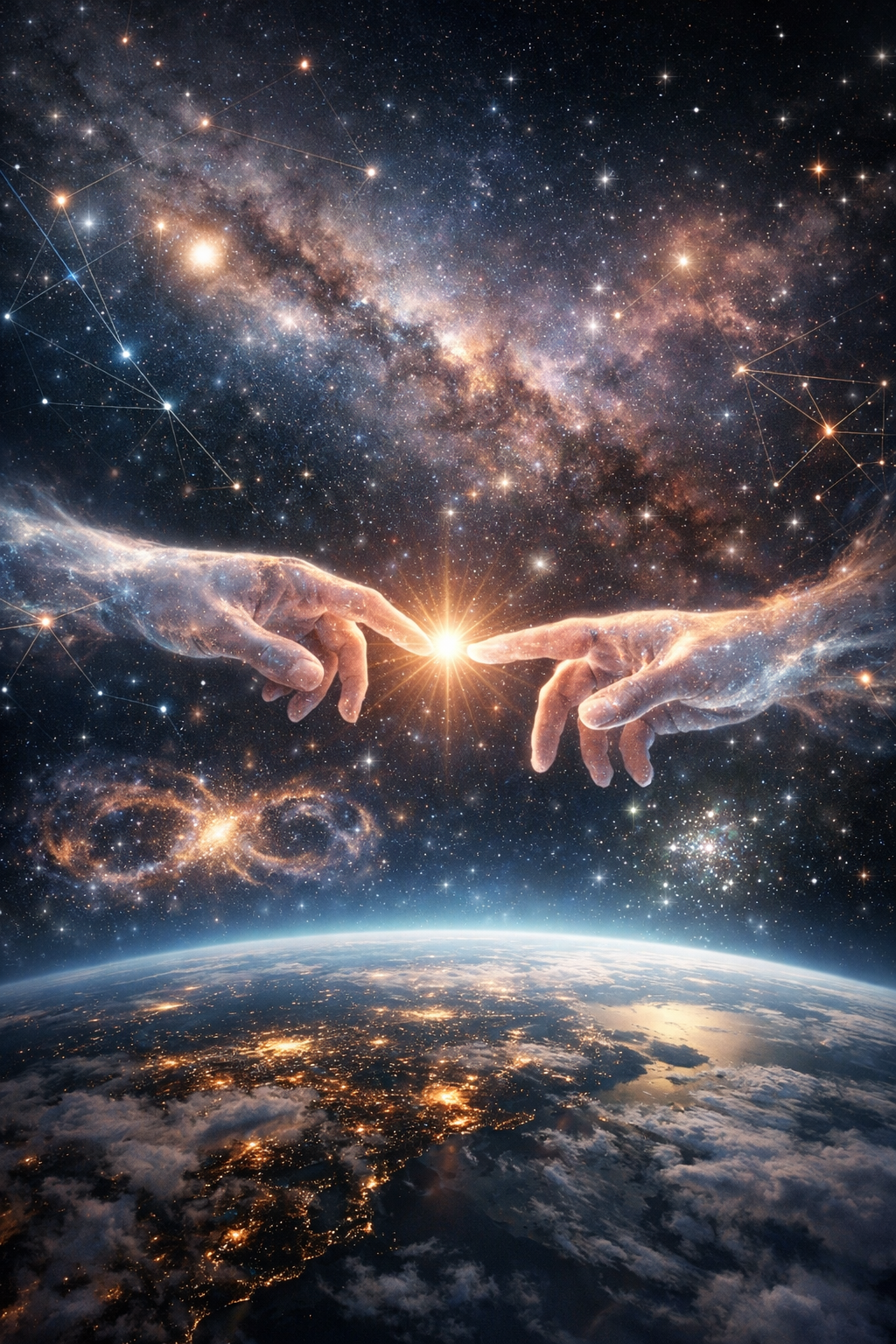 An artistic depiction of the universe with two cosmic hands reaching toward each other over Earth, representing creation or connection, with stars, galaxies, and nebulae in the background.