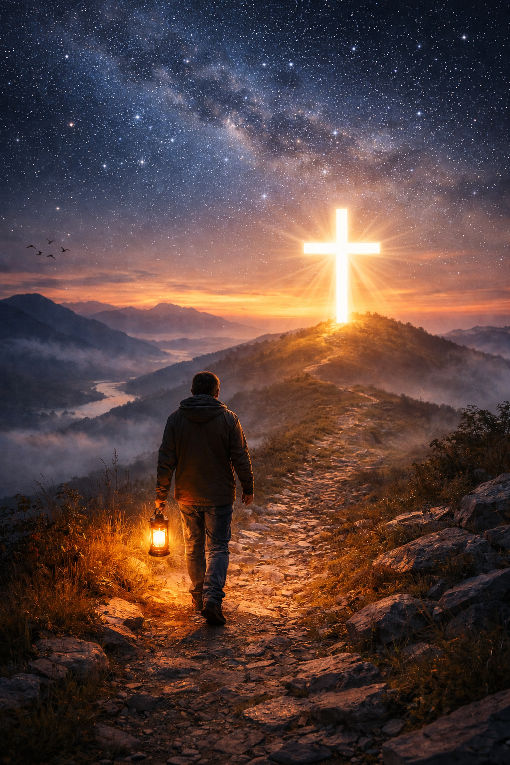 A person walking on a rocky trail at sunset or sunrise, holding a lantern in one hand, with a large glowing cross on a hilltop in the distance, under a starry sky with the Milky Way galaxy visible.