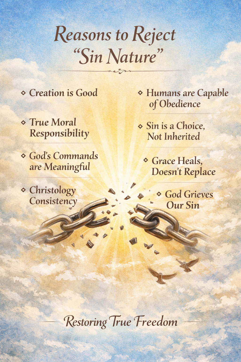 Poster titled 'Reasons to Reject Sin Nature' with a background of clouds and rays of sunshine. It features a broken chain and birds flying away, listing reasons such as God's commands being meaningful, Christology consistency, and Grace healing, with the phrase 'Restoring True Freedom' at the bottom.
