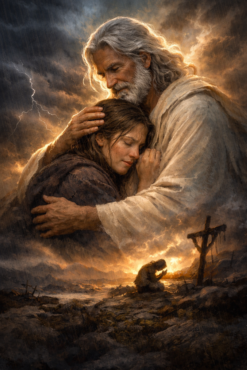 A painting of Jesus embracing a woman during a thunderstorm, with a person praying at a cross on a rocky landscape in the foreground.