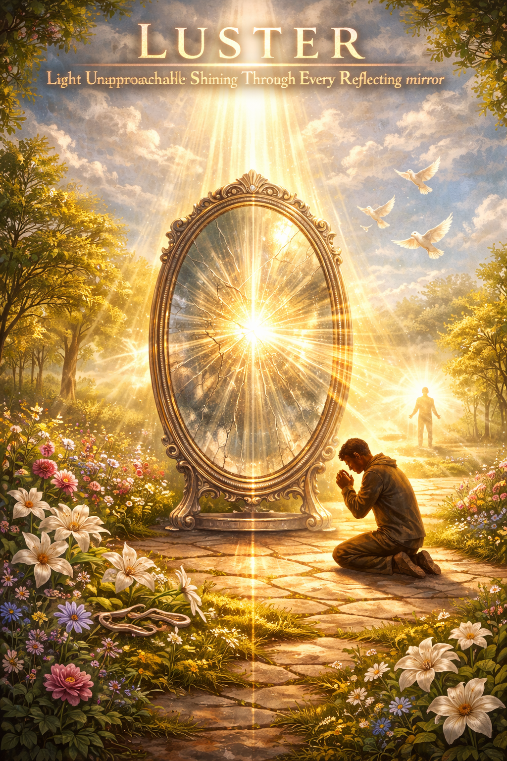 A person kneeling in prayer before a large, ornate mirror with a glowing, cracked reflection at sunset, surrounded by colorful flowers and trees, with white doves flying overhead and a figure in the background.