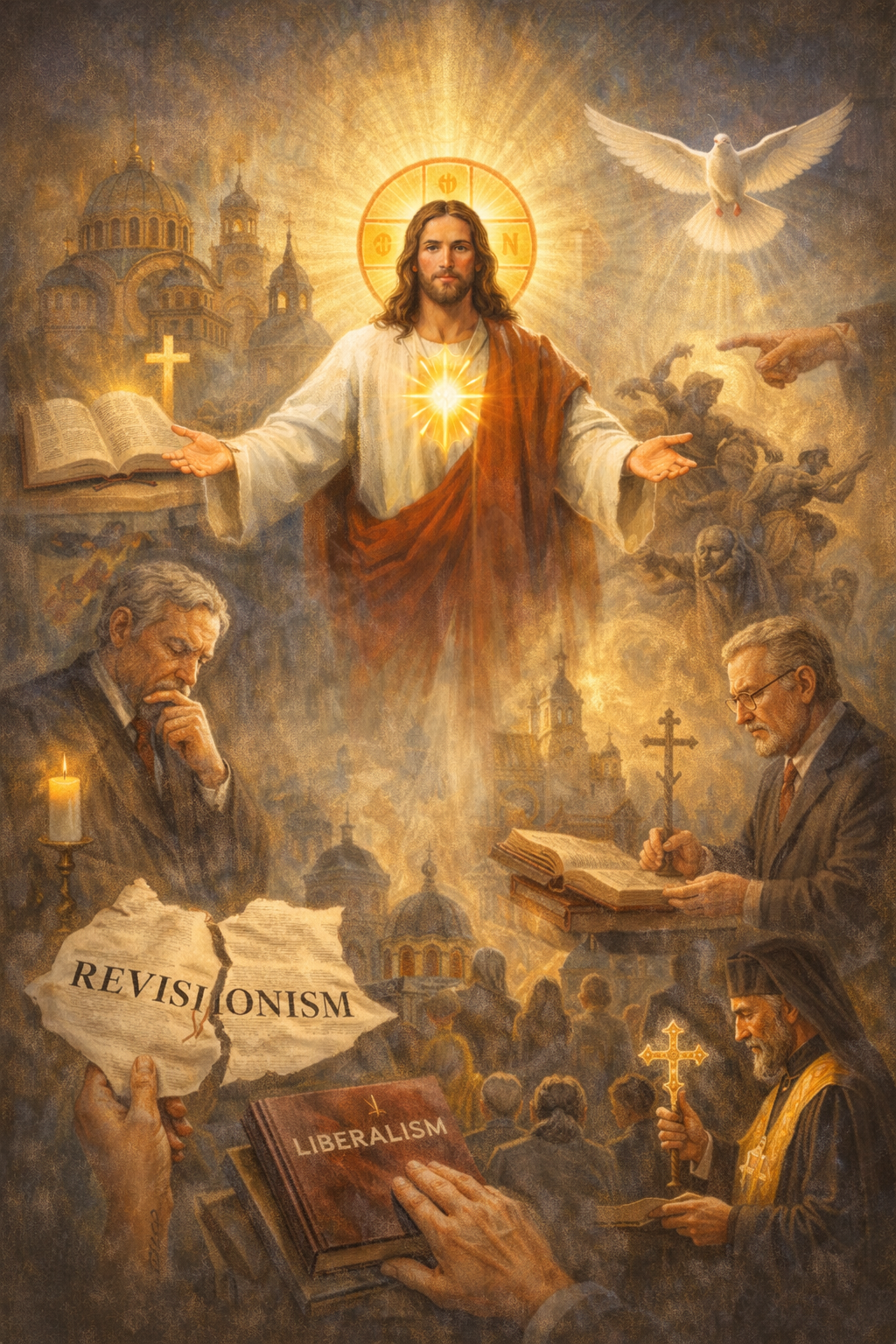Religious artwork depicting Jesus Christ in the center with a glowing heart, surrounded by various religious figures and symbols, including a dove, crosses, and open books, with a backdrop of churches and a crowd.