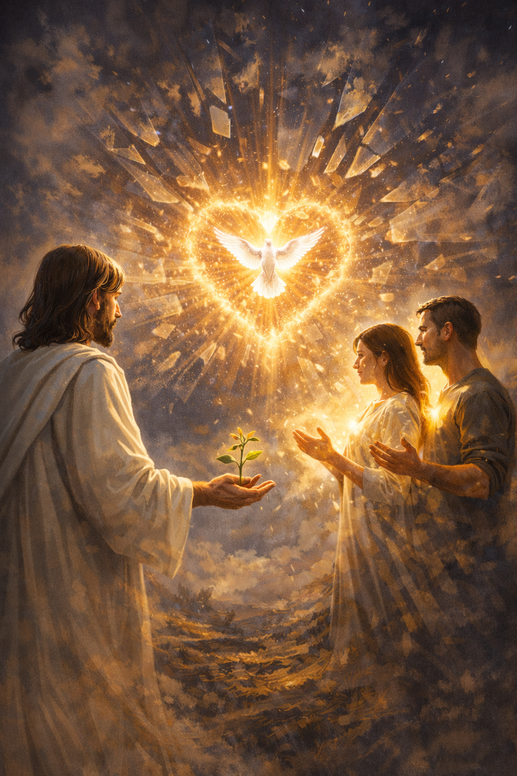 A religious scene depicting Jesus Christ offering a small plant to two believers as a dove surrounded by a glowing heart and radiant light appears in the sky.
