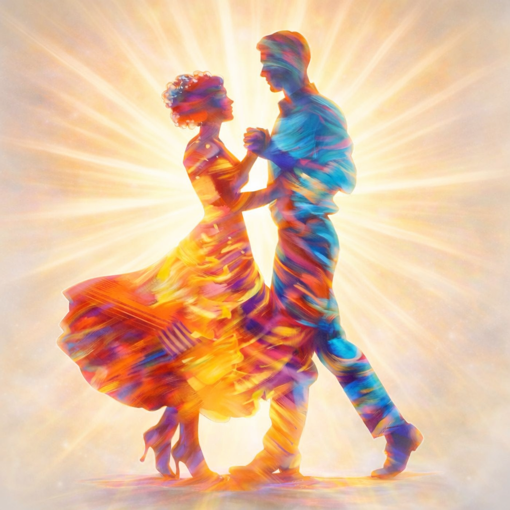 Silhouettes of a dancing couple with vibrant, swirling colors and radiant light background.