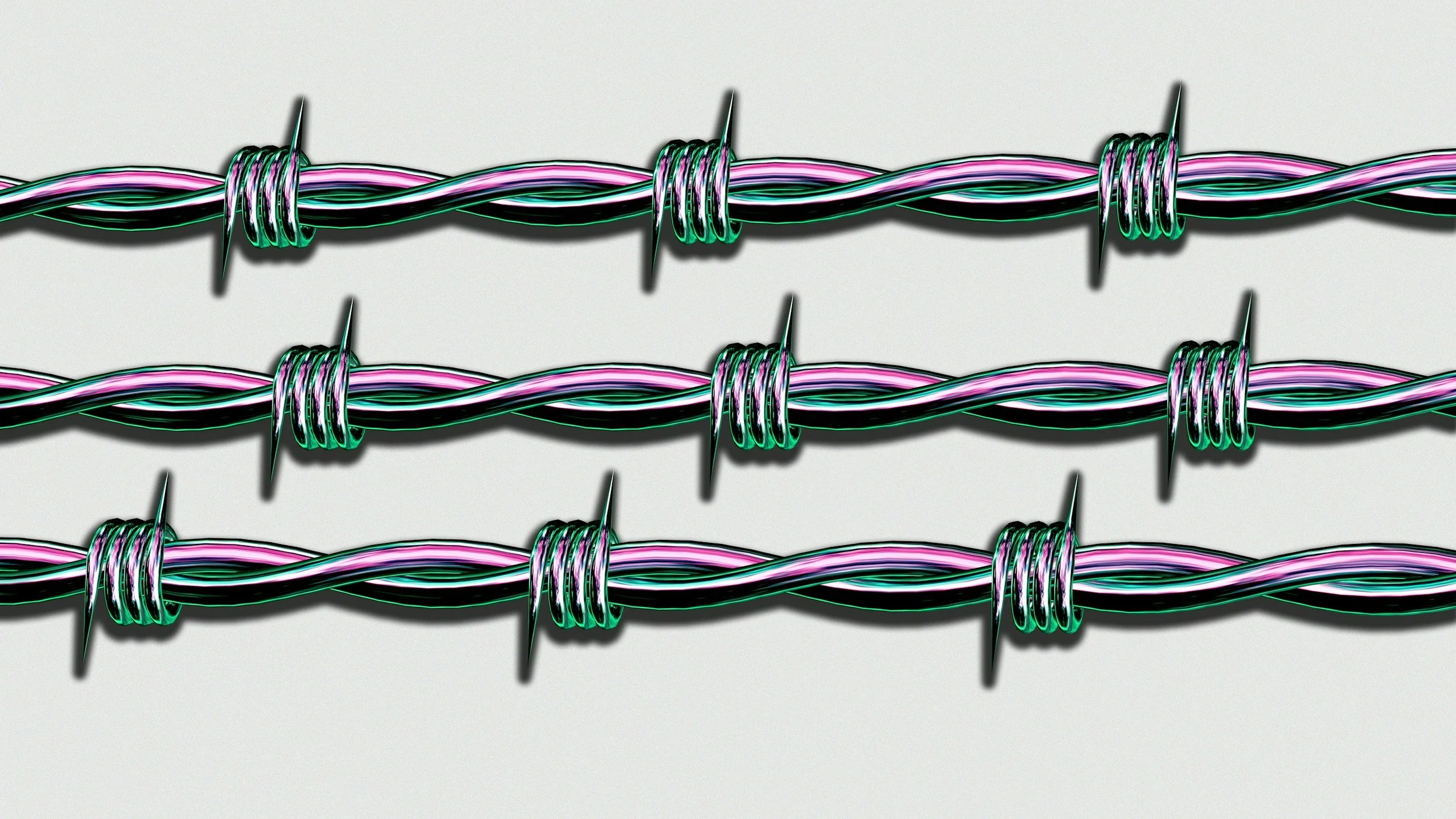 Multiple strands of barbed wire arranged in parallel on a gray background.