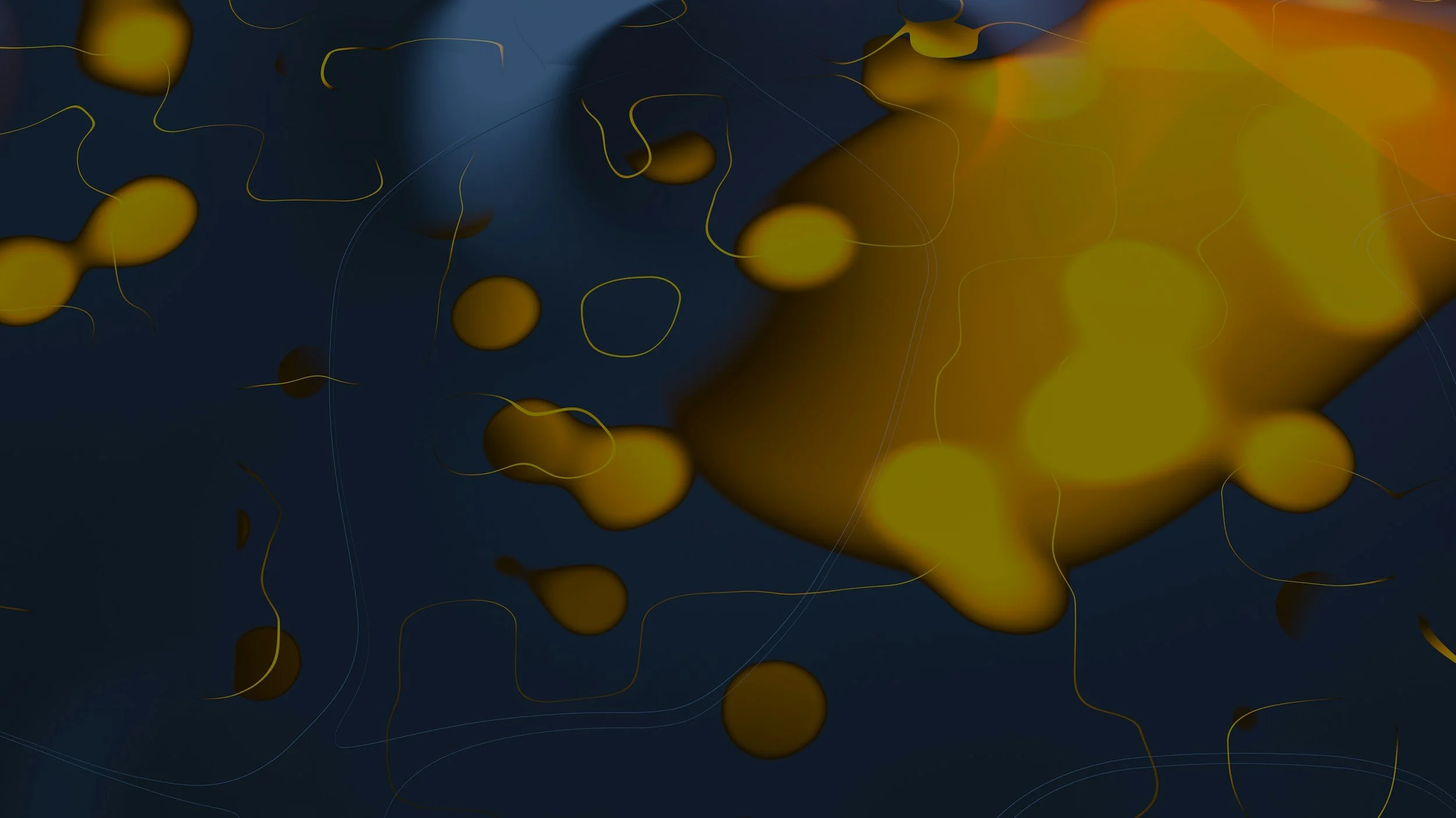Abstract digital illustration with yellow spherical shapes and thin curving lines on a dark background.