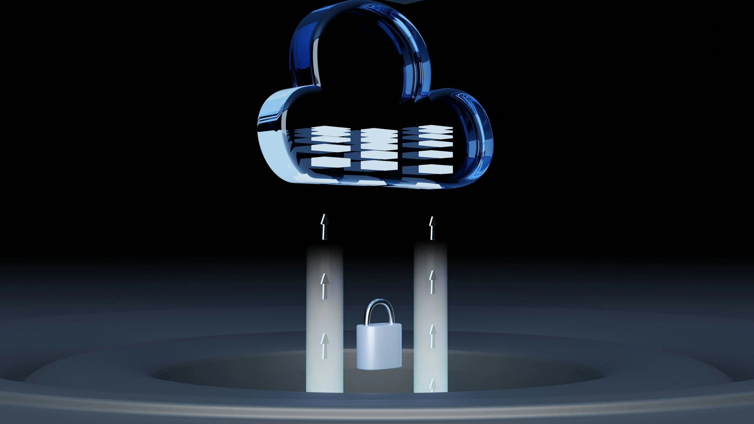 A digital illustration of a blue and white cloud-shaped lock with upward arrows underneath, symbolizing cloud security and data protection.