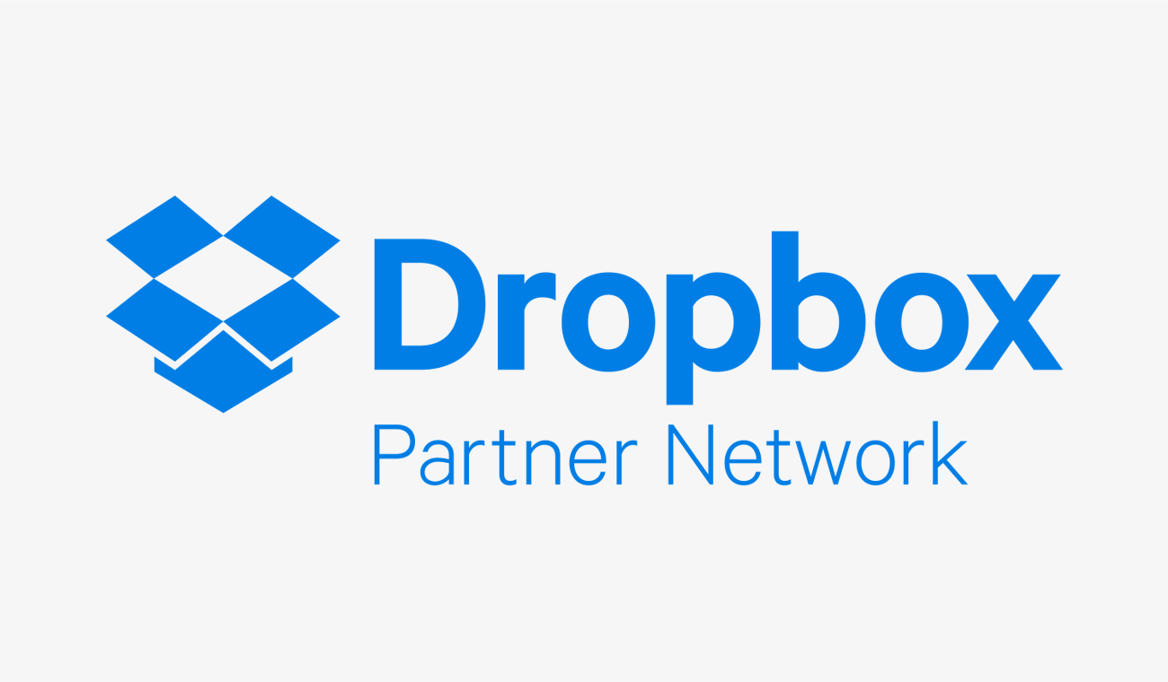 Dropbox Partner Network logo with blue geometric icon and text on a light gray background.