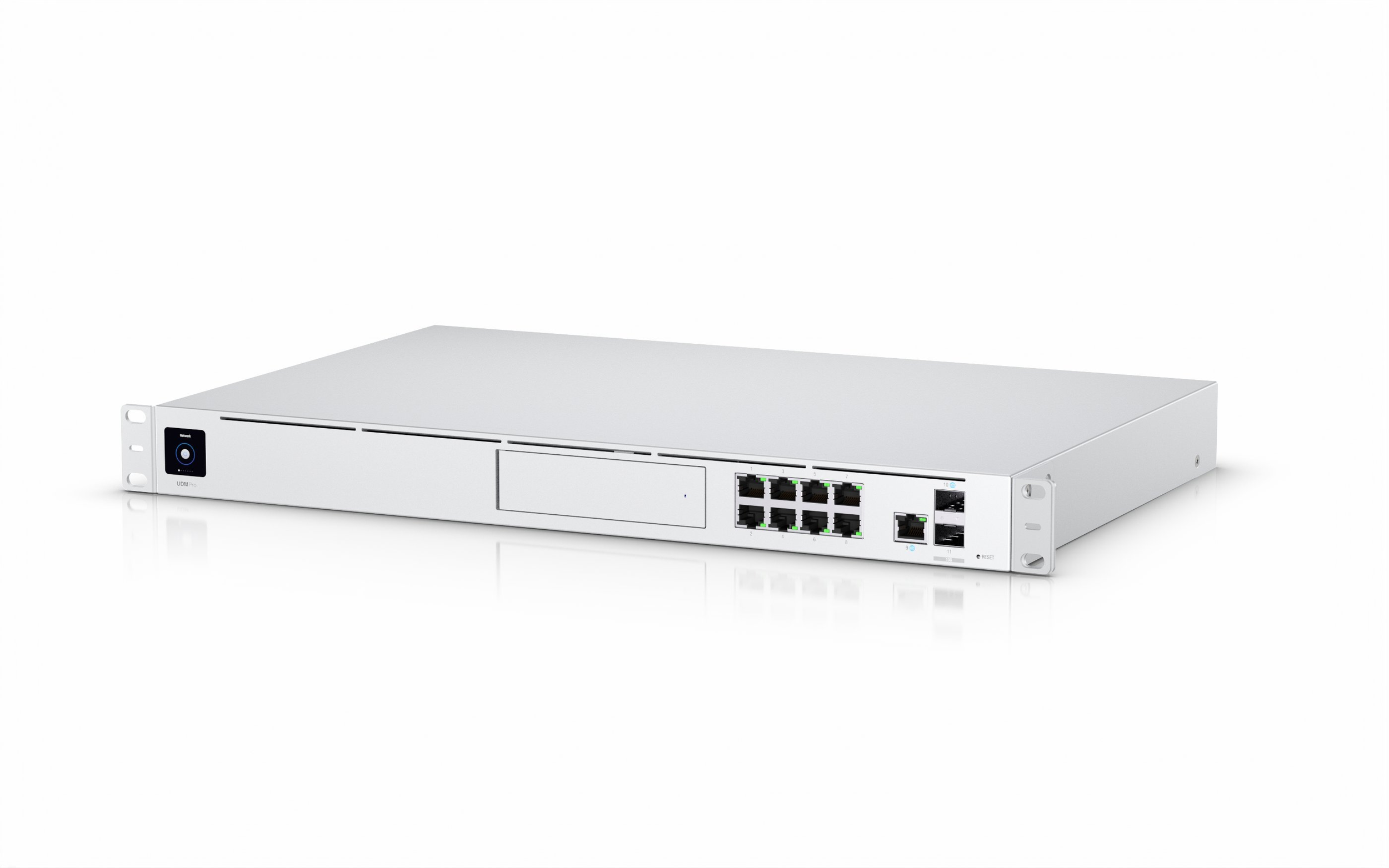 A network switch with multiple Ethernet ports and a power button, set against a white background.
