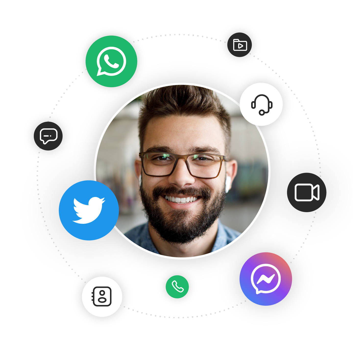 A smiling man wearing glasses with a beard and earbuds, surrounded by icons representing various social media and communication platforms such as WhatsApp, Twitter, Messenger, Facebook, video, and messaging.