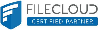 Logo of FileCloud, a certified partner, featuring a blue shield with a stylized F and the text 'FILECLOUD CERTIFIED PARTNER'