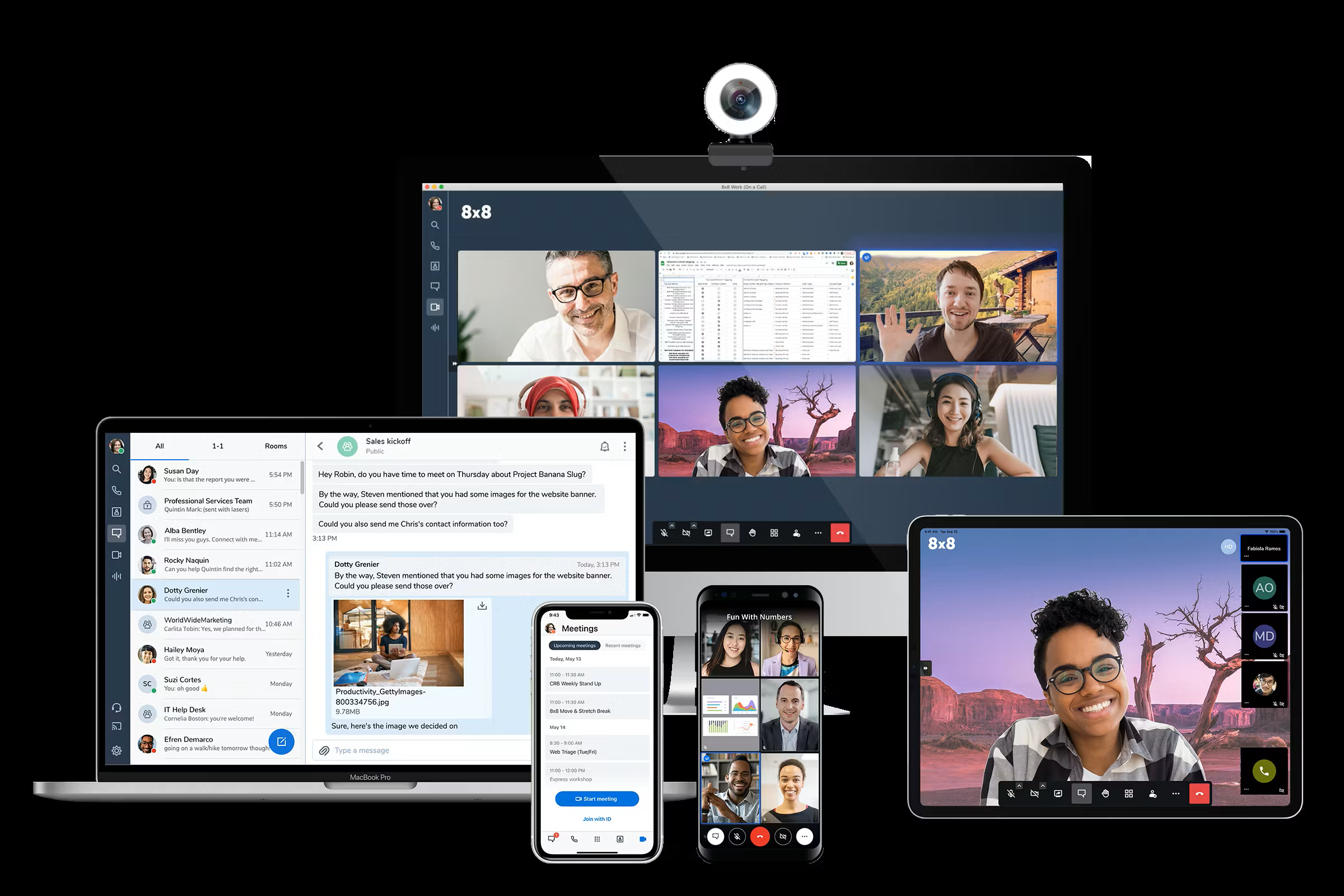 Multiple electronic devices displaying video calls, messages, and images, including a large screen with six people on a video conference, a laptop with chat messages, a tablet with a video call, and smartphones showing contacts and messages.