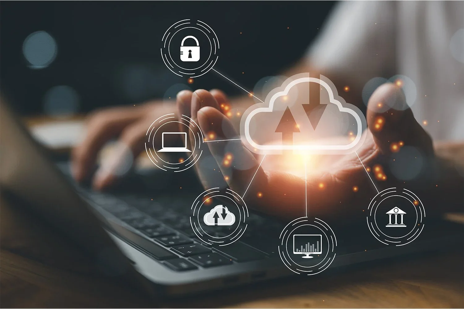 A person using a laptop with a cloud computing icon and various technology-related icons, such as security, data upload and download, and analytics, overlaid in a digital graphic.