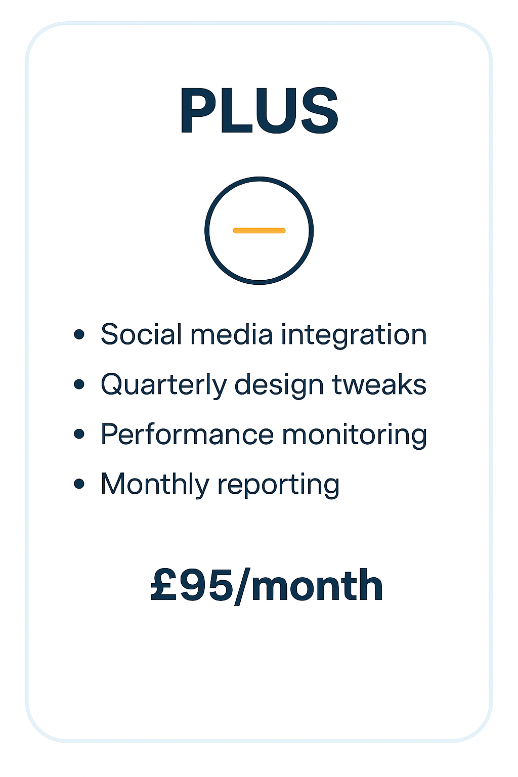 An advertisement for a service plan priced at £95 per month, listing features such as social media integration, quarterly design tweaks, performance monitoring, and monthly reporting.