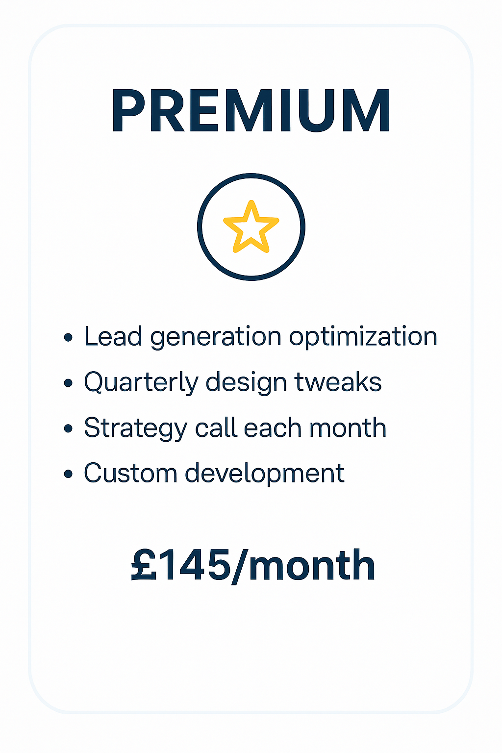 Premium subscription plan details with pricing of £145 per month, including lead generation optimization, quarterly design tweaks, strategy calls, and custom development.
