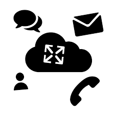 Icons representing communication methods: speech bubble, envelope, cloud with arrows, person, and telephone.