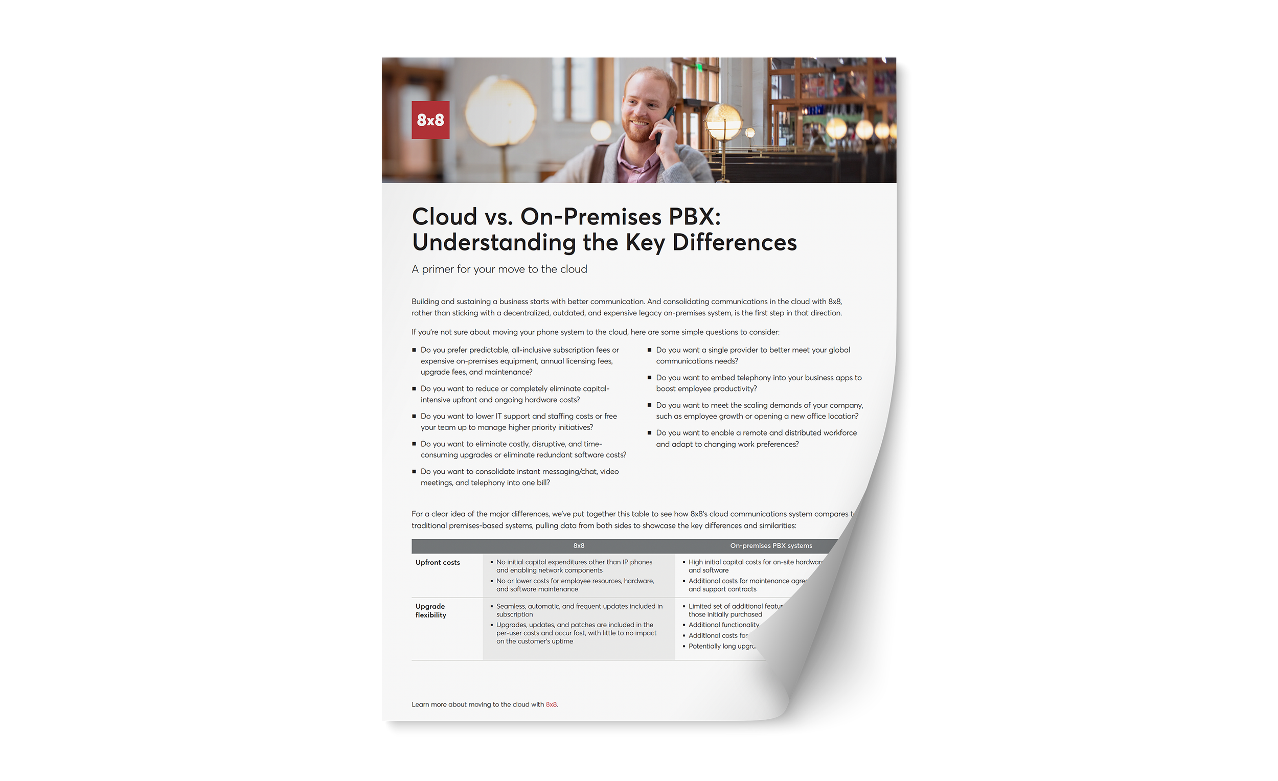 A pamphlet titled 'Cloud vs. On-Premises PBX: Understanding the Key Differences' with a photo of a man talking on the phone at a cafe. The pamphlet details comparisons between 8x8 cloud and on-premises PBX systems, including costs, flexibility, and features.