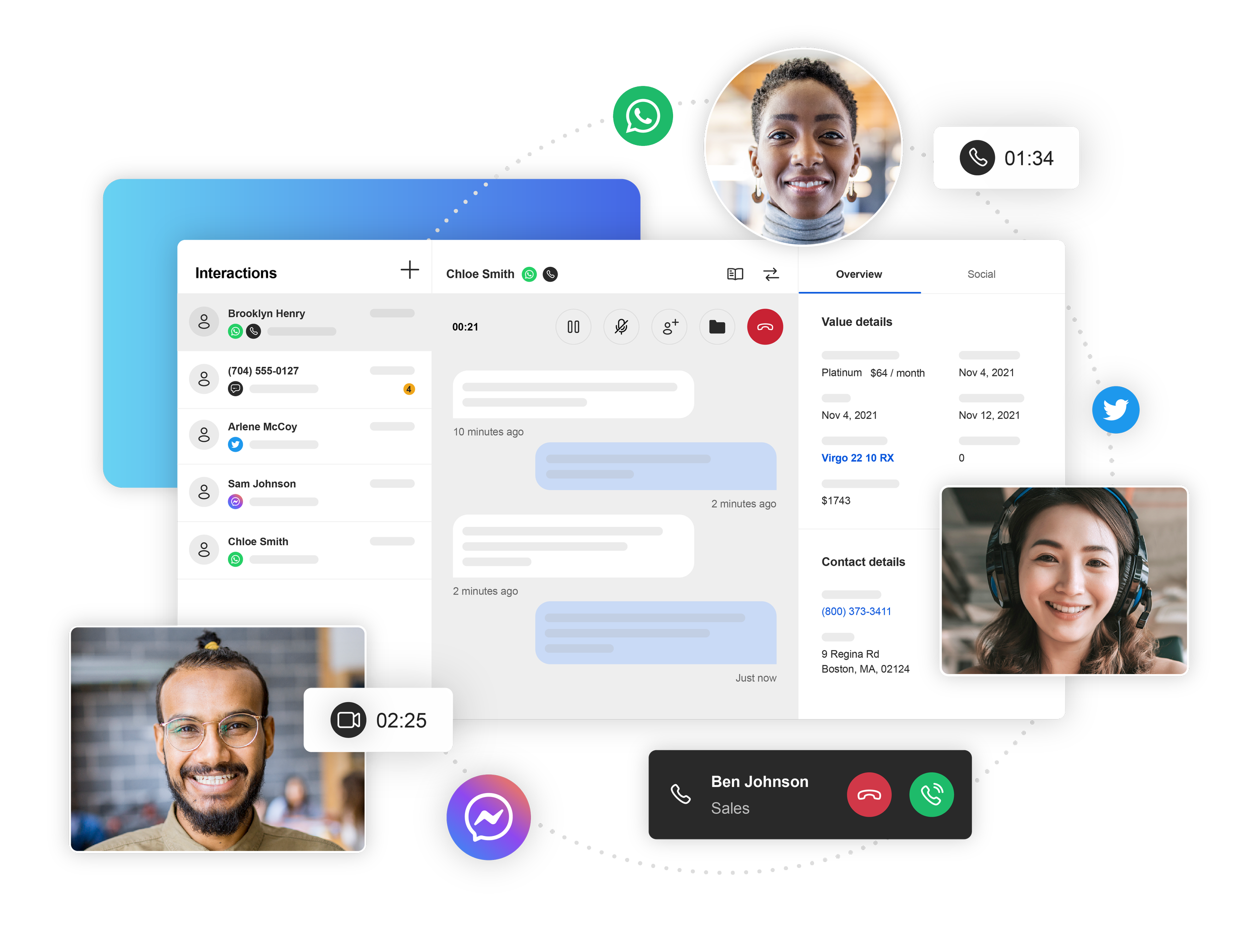 A digital collage of video calls, messaging, and social media icons with three people on screen: a woman with headphones, a smiling man, and a woman smiling with earrings. The central focus is a messaging platform with conversation details, contact information, and interaction logs.