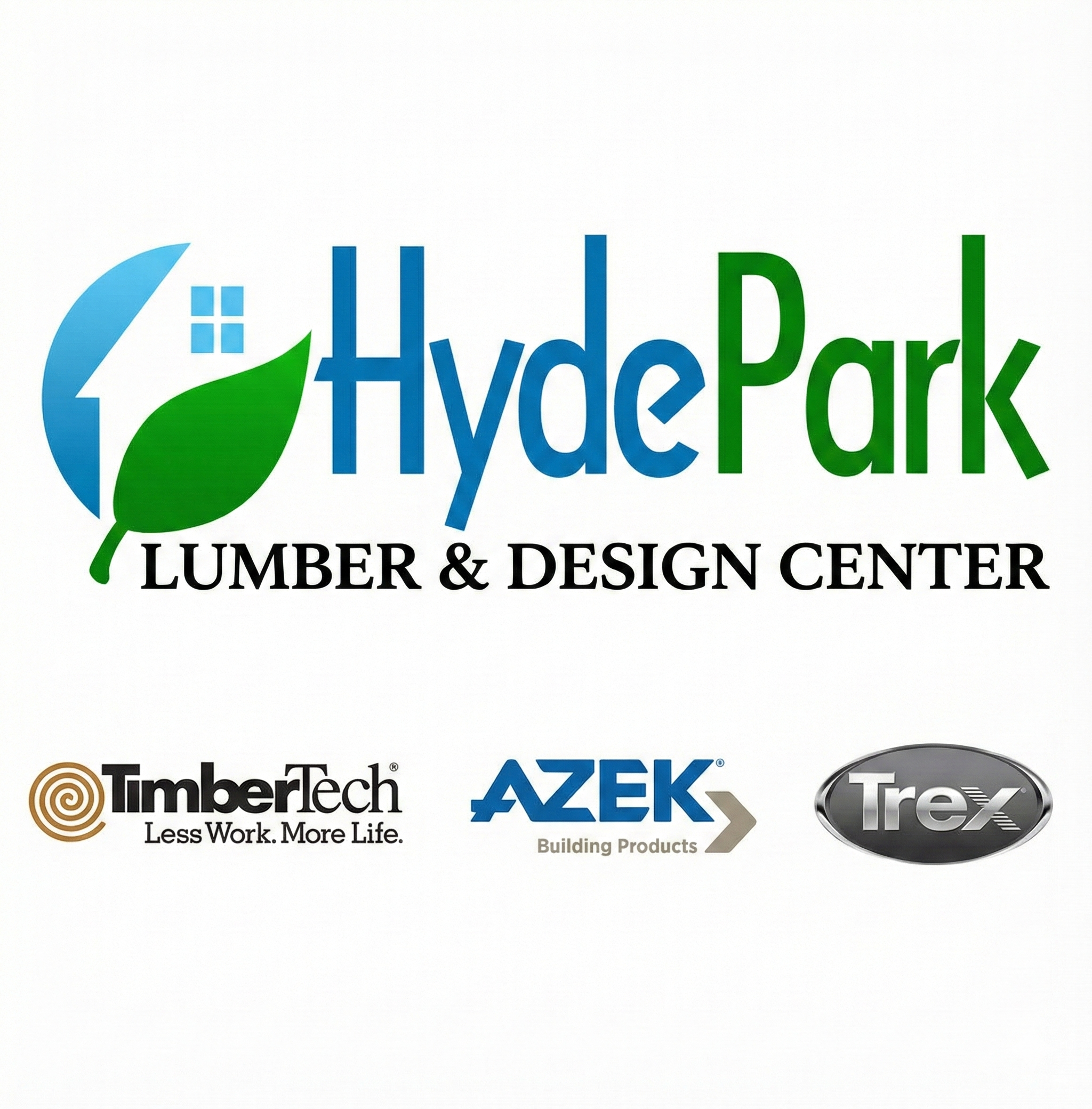 Hyde Park Lumber & Design Center logo with TimberTech, AZEK, and Trex logos below.