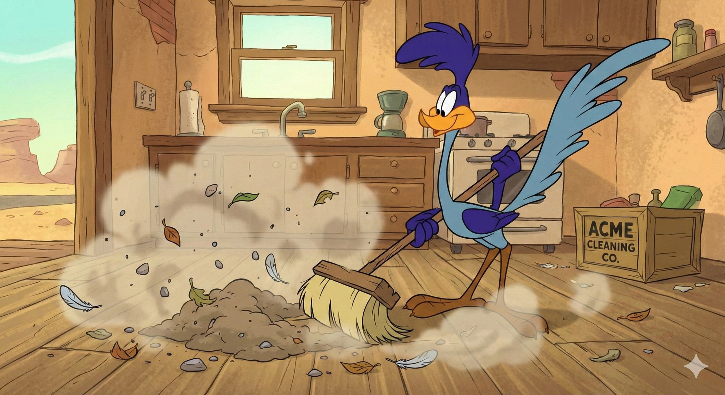 Cartoon blue bird sweeping up dust and fallen leaves in a rustic wooden kitchen with a box labeled 'ACME Cleaning Co.' visible nearby.