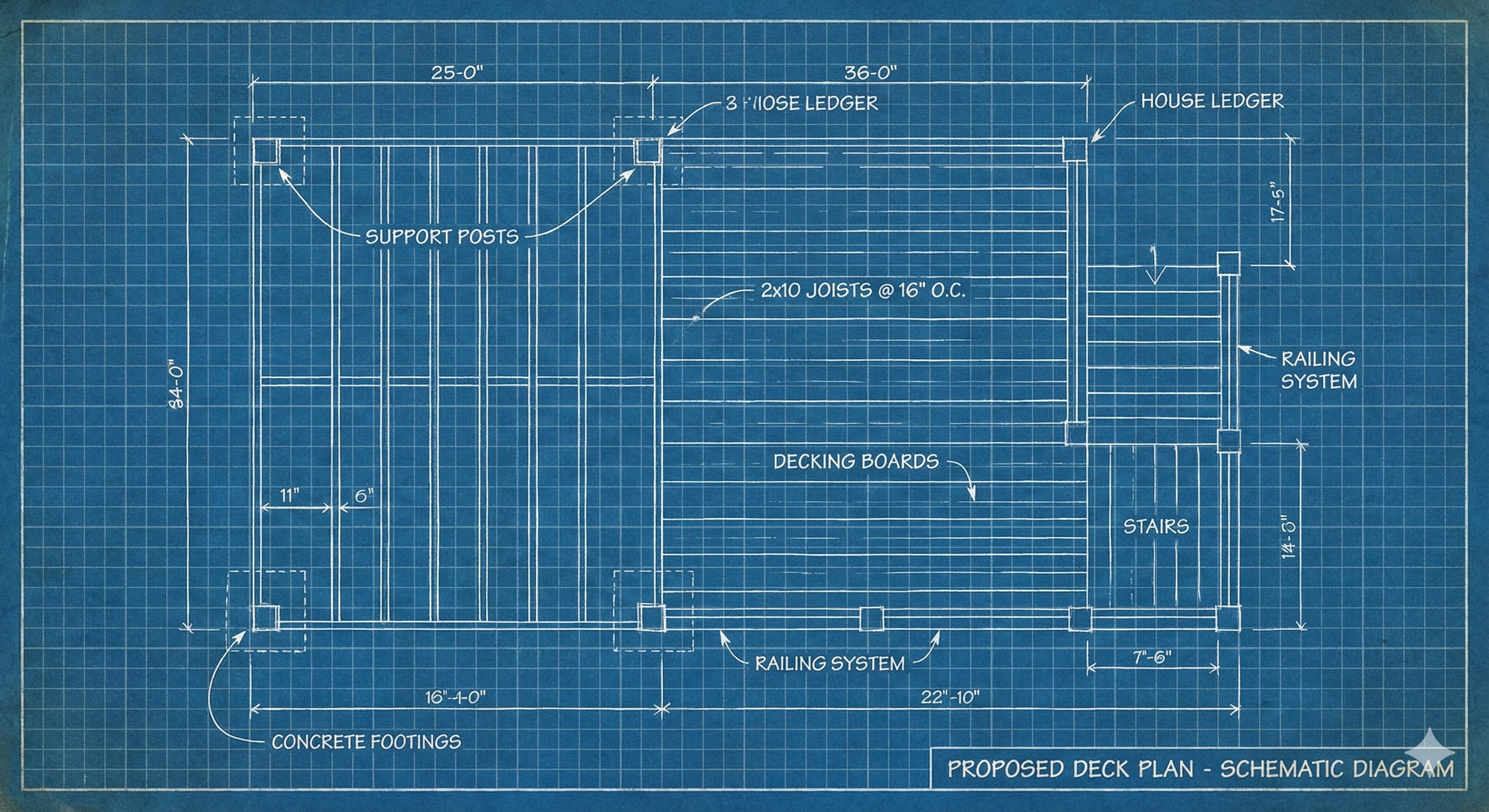 Blueprint of a proposed deck plan showing measurements, support posts, decking boards, ledger, stairs, railing system, and concrete footings.