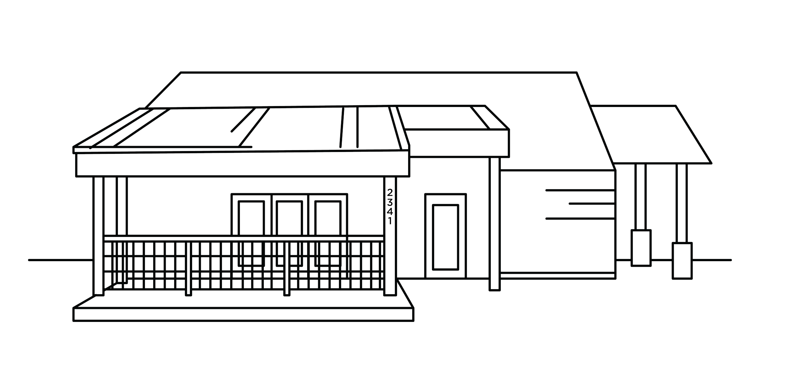 Line drawing of a modern house with a porch, multiple doors, windows, and a pitched roof, with house number 2341.