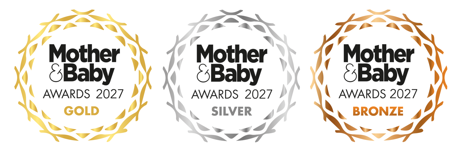 Image showing three awards from the 2027 Mother & Baby Awards, gold, silver, and bronze.