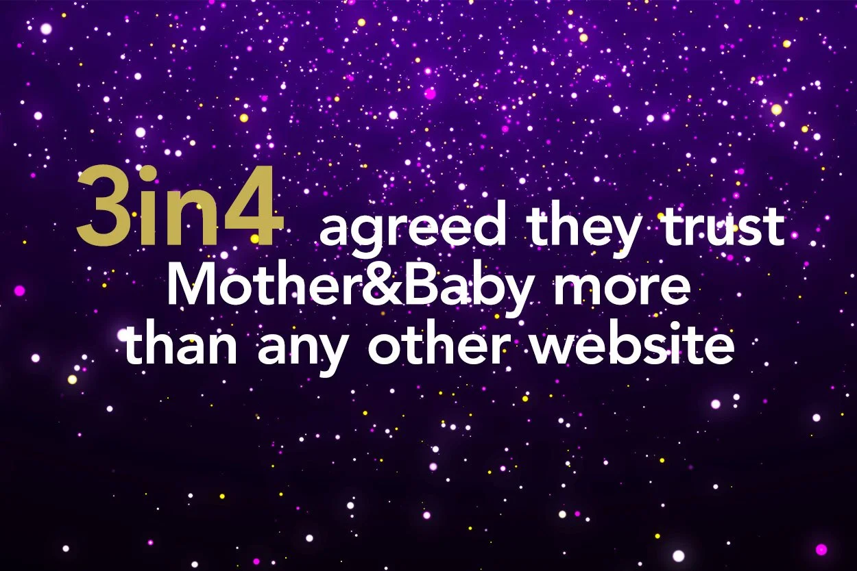 A promotional graphic with a dark purple background dotted with pink, yellow, and white sparkles. The text in the center states: "3 in 4 agreed they trust Mother&Baby more than any other website."