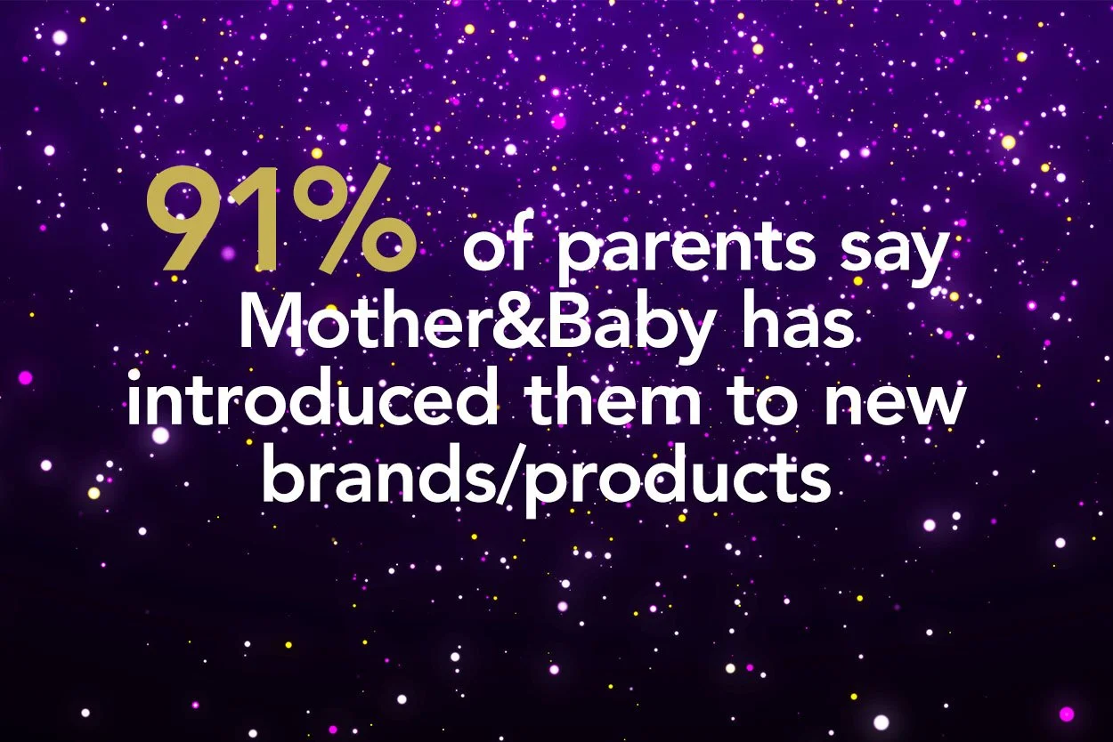 Purple background with yellow and white sparkles, statistic text indicating 91% of parents say Mother & Baby introduced them to new brands/products.