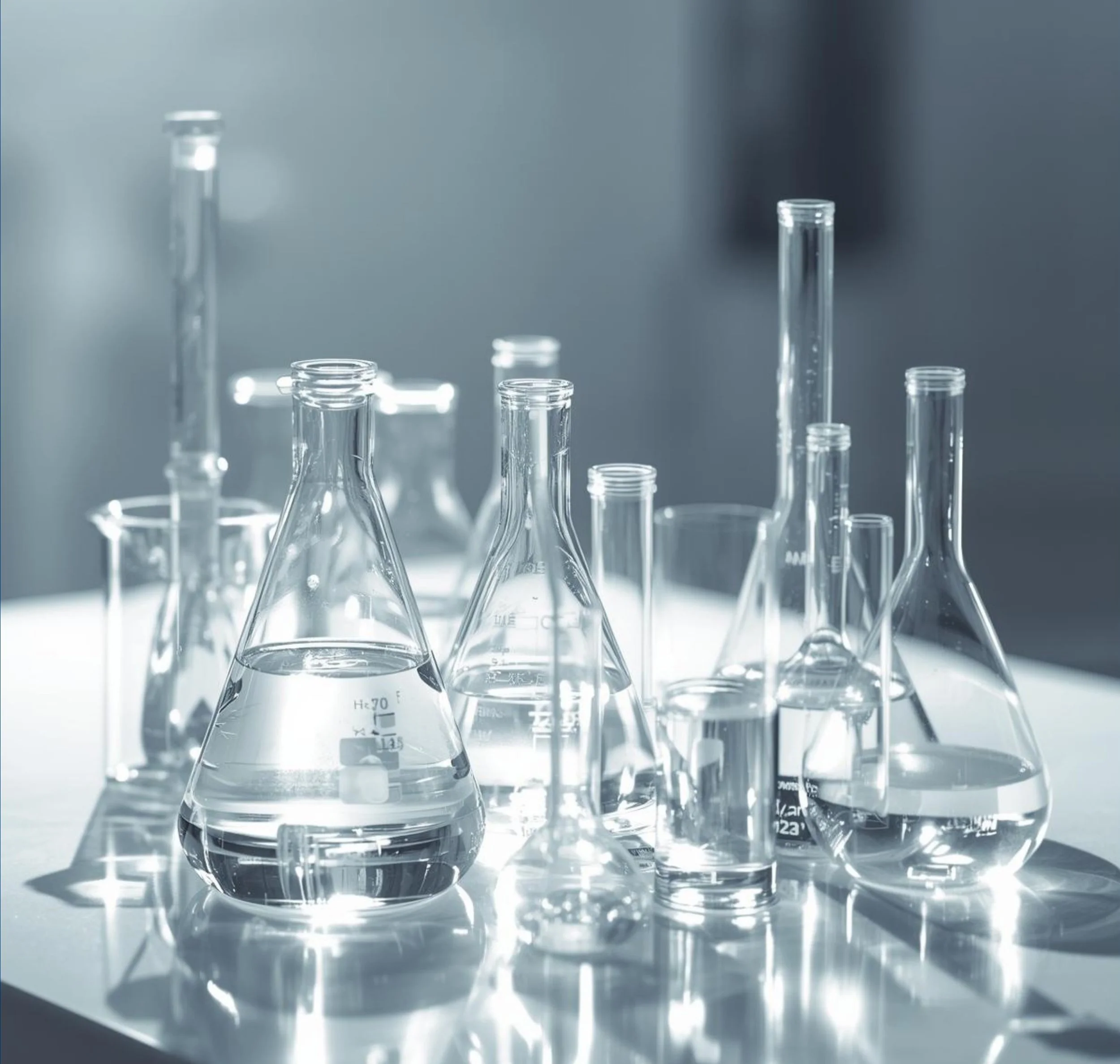 Multiple laboratory glassware including beakers and test tubes and liquids