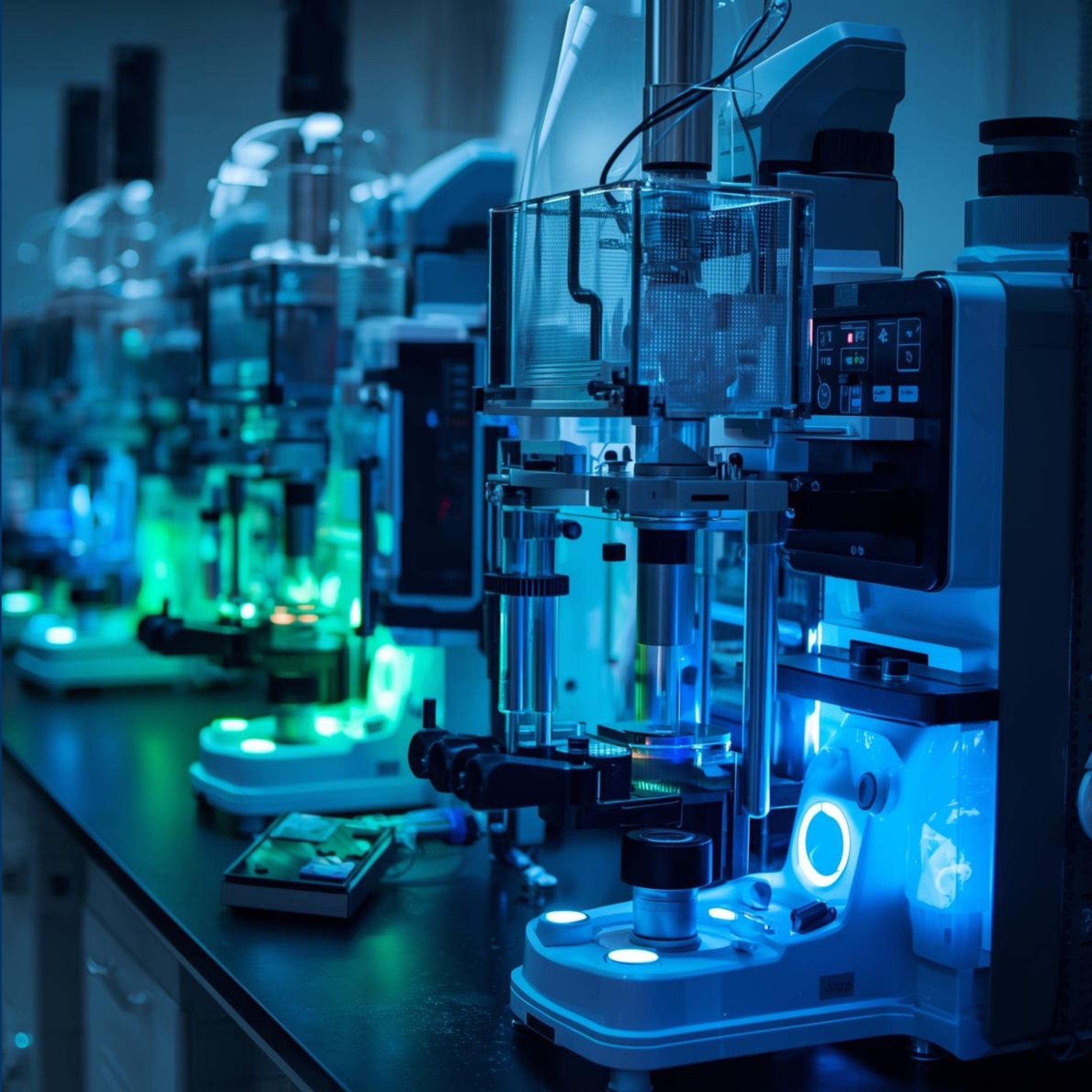 Multiple laboratory microscopes and specialised equipment.